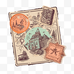 地标剪贴图片_复古旅行指南，以邮票剪贴画的形