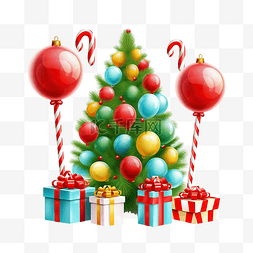 电脑插图图片_圣诞套装 3D 圣诞树礼物糖果和气