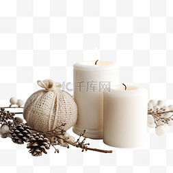 秋冬花环图片_燃烧的蜡烛和圣诞装饰