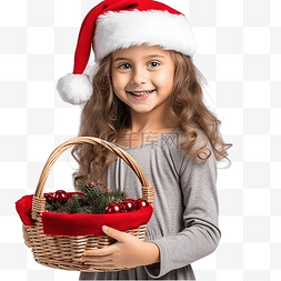 可爱的小女孩戴着圣诞帽，手里拿