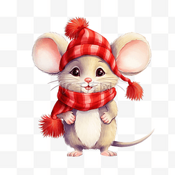 戴着红色帽子的可爱卡通圣诞老鼠