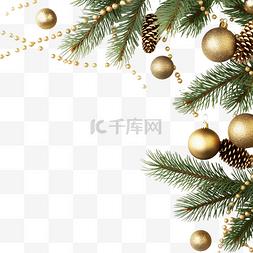 金色星框架图片_带有冷杉树枝和金色装饰品的圣诞