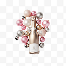 带粉色和银色圣诞球的香槟瓶