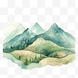 水彩蓝色森林图片_山丘陵水彩插图