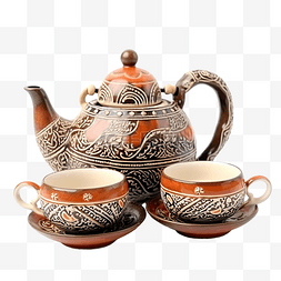 白色背景中突显的复古东方陶瓷茶