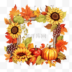 水果蔬菜花卉图片_感恩节矢量方框与秋叶向日葵浆果