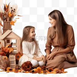 亚克力材质图图片_感恩节快乐母女坐秋叶装饰
