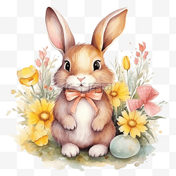 复活节兔子与鲜花水彩插图