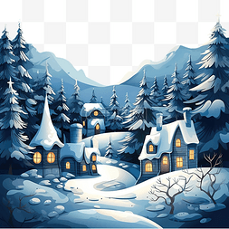 村庄夜景图片_圣诞冬季度假屋插画与雪堆中的夜