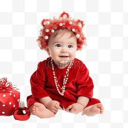 坐着抱婴儿图片_穿着红色圣诞服装戴着复古花环的