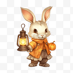 可爱万圣节提着灯笼的南瓜头兔子