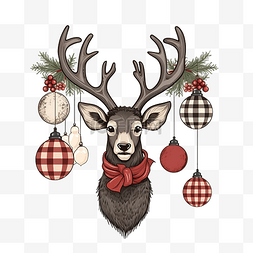 圣诞水牛格子鹿鹿角上挂着圣诞玩