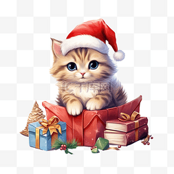 零碎物品图片_可爱卡通圣诞猫看书礼盒插画