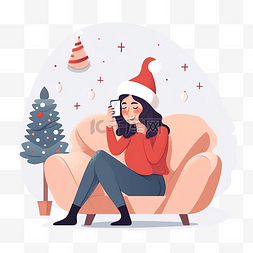 银联移动支付图片_一个戴着圣诞帽的微笑女孩坐在沙