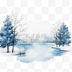 冬季树木和冰冻湖泊的冬季风景插