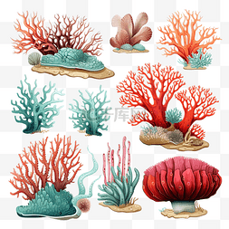 海底背景图片_一套棕色蓝色红色和水色珊瑚png插