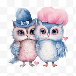 小鳥水彩图片_蓝色和粉色水彩可爱猫头鹰情侣情