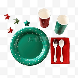 圣诞餐桌布置，配有一次性盘子和