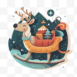 坐在雪橇上的鹿的扁平圣诞礼物剪