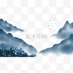 中式风景插画图片_中式水墨风格山水蓝色