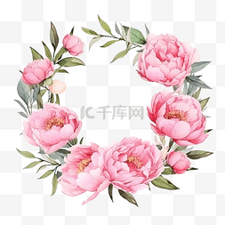 玫瑰花瓣花环图片_种子桉树枝花环框架上的水彩粉色