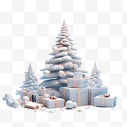 夜雪粘土插画下的礼盒和圣诞树