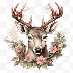 圣诞花矢量图片_手绘鹿肖像与圣诞花矢量