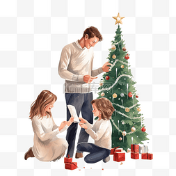 幸福的家庭一起在室内装饰圣诞树
