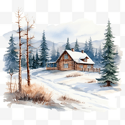水彩冬季小屋景观