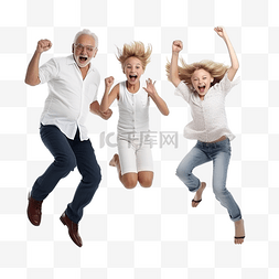 幸福的三代家庭跳起来庆祝