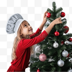 人在装饰圣诞树图片_一个戴着圣诞老人帽子的女孩在家