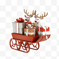 圣诞老人鹿雪人图片_3d 圣诞礼品盒在雪橇上与驯鹿和雪