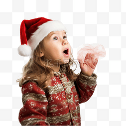 一个穿着圣诞衣服的小女孩手里吹