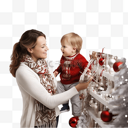 一家人看图片_妈妈和宝宝在商店里选择圣诞装饰