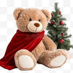 红毯图片_迷人的棕色泰迪熊坐在圣诞树附近