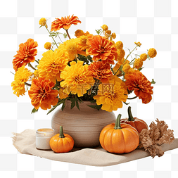 插花的花瓶图片_质朴的感恩节餐桌中心装饰着万寿