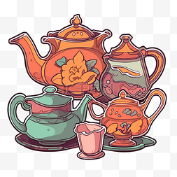 茶壶与茶杯图片_茶杯和一些茶壶剪贴画的插图 向