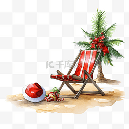 夏天沙滩和海洋图片_海滩上带圣诞老人帽子和圣诞球的