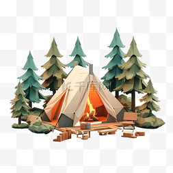 快乐开营图片_3D 卡通篝火和松林中的帐篷 低聚