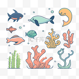 水下动物和植物组线 向量