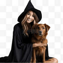 年轻女性在万圣节把狗打扮成女巫