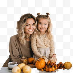 在房里图片_母亲和女儿在厨房里装饰着感恩节