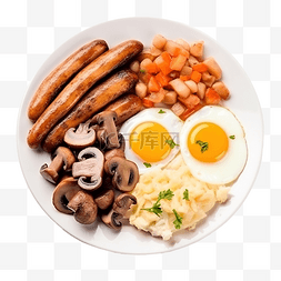 盘子早餐菜单，包括鸡蛋鸡肉香肠