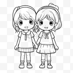 两个小女孩素描图片_两个可爱的小女孩牵着手着色页轮