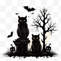 夜晚的猫头鹰卡通图片_墓地里有黑猫和猫头鹰的快乐万圣