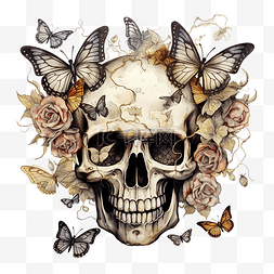 头骨和玫瑰图片_头骨和蝴蝶