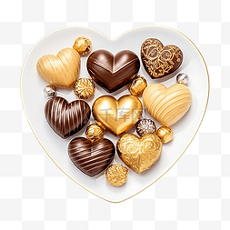 金色圣诞饰品图片_白松形盘子上的心形巧克力糖和金