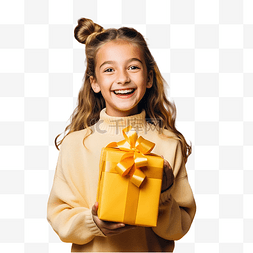 快乐的女孩收到黄色朋友送的圣诞