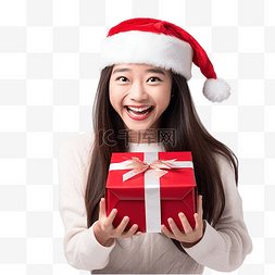 戴着圣诞帽拥抱礼盒的亚洲女孩欢
