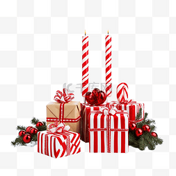 手杖图片_带礼品盒和木制圣诞装饰品的圣诞